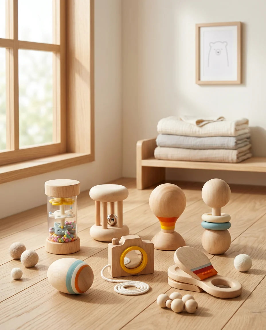Premium Wooden Baby Rattle 7pcs Set